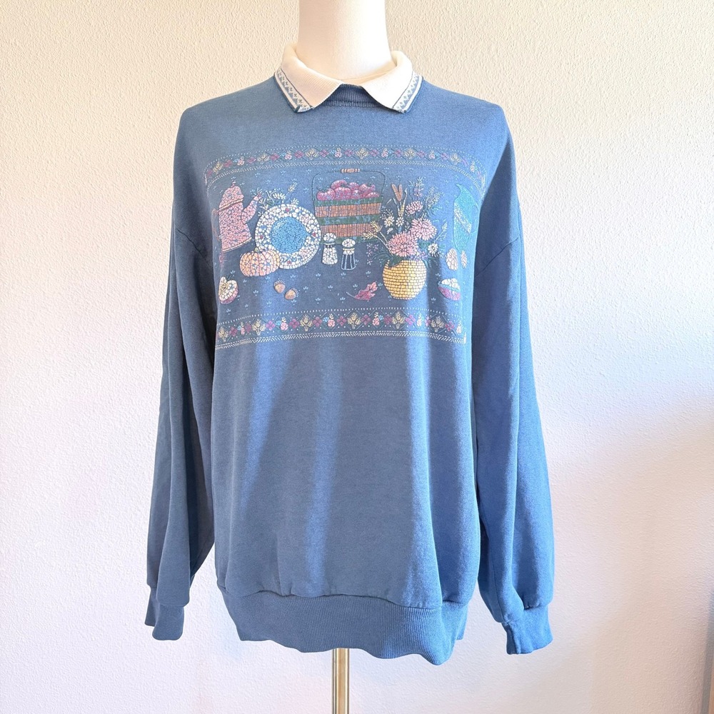 Vintage Y2K 90s Grandmacore Collared Sweatshirt Blue Cottagecore Tea Graphic M/L